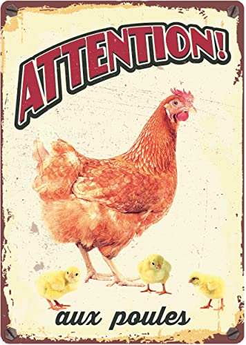 plenty gifts Plaque métal Vintage Attention aux Poules