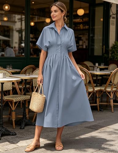 Image of Yeokou Shirt Dress for Women Summer Casual Short Sleeve Button Down Loose Pleated Maxi Sundress with Pockets