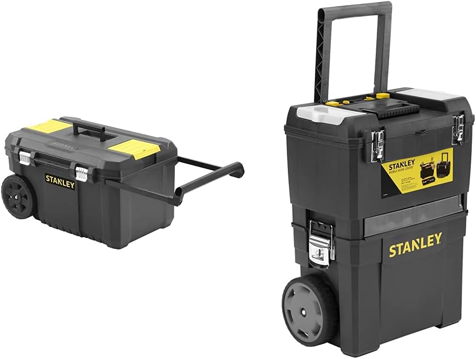 STANLEY Rolling Toolbox Chest with Heavy Duty Metal Latch, 2 Lid Organisers for Small Parts, Portable Tote Tray for Tools, STST1-80150 & Mobile Work Centre Toolbox, 2 Tier Stackable Units, 1-93-968