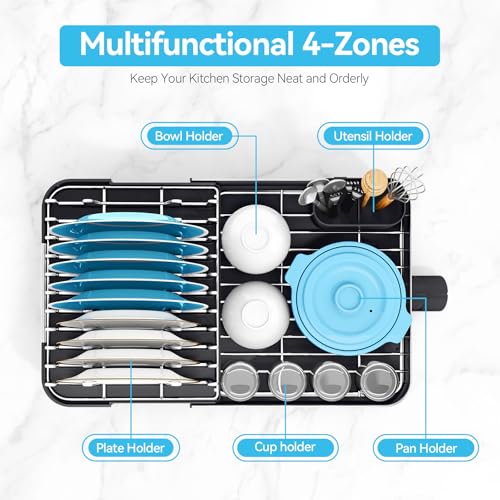 Image of Urackify Dish Drying Rack - Dish Drainer for Kitchen Counter, Stainless Steel Dish Rack with Swivel Draining Spout & Drain Board, Expandable Space-Saving Kitchen Dish Organizer for 3-4 People, Black