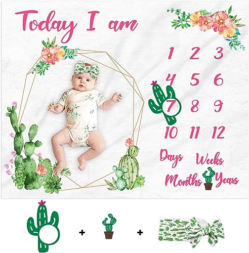Image of Gicoherero Cactus Baby Milestone Blanket Monthly Photography Blanket for Baby Girls Watercolor Design Newborn Blanket for Age Photo Props Soft Fleece Western Gift Idea Photography Backdrop
