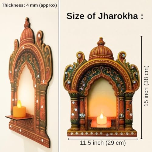 Image of SATYAM KRAFT 1 Pcs DIY Jharokha Jarukha 2D Look Decorative Wooden MDF Wall Hanging for Gifting, Traditional Showpiece for Home Decor, Living Room Decor, Wedding & Festival Decoration Items
