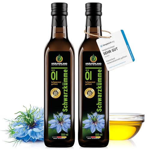 Kräuterland Schwarzkümmelöl 2X500ml (1Liter), gefiltert, naturrein ohne Zusatzstoffe, hoher Thymochinon, kaltgepresst, vegan, mild, glasflasche, mühlenfrisch direkt aus unsrer hessischen Ölmühle
