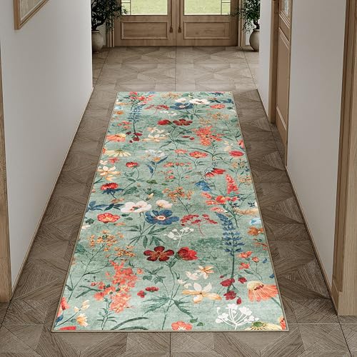 HUGEAR Grün Waschbarer Läufer Teppich Flur 60x180cm Blumenmuster Bettvorleger Blumen Boho Modern...