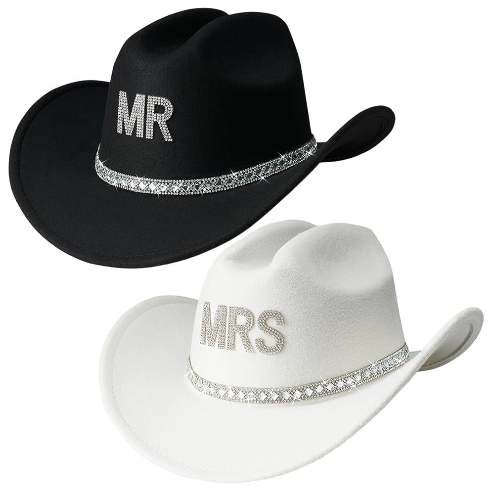 Sofezdo Bride Groom Cowboy Hat Western Style Wide Brim Hat Rhinestone Felt Cowgirl Hat Mrs & Letter Print Hat for Wedding