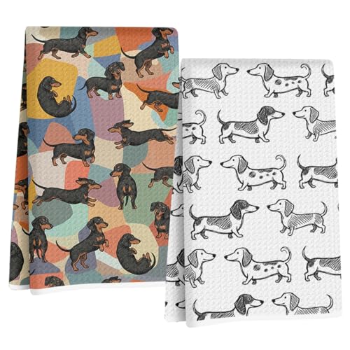 Image of 2 Pcs Cute Dachshund Kitchen Towels 24x14 Inch, Dachshund Gifts Reusable Dish Towels for Kitchen Bathroom Decor, Waffle Weave Absorbent Tea Towel, Cute Weiner Dog Gifts for Women Mom Friend