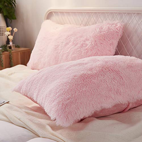 Uhamho Set Of 2 King Faux Fur Throw Pillow Covers Fluffy Soft Velvet Decorative Pillowcases Zipper Closure(20 X 36 Inches Pink) #TOP1