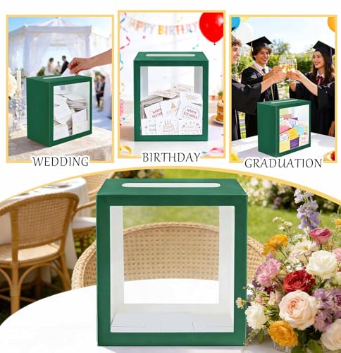 Image of SietDESEO Green Card Box for Party with Clear Window Large Gift Card Box Holder for Wedding Reception Birthday Graduation Baby Shower Raffle Ticket Box