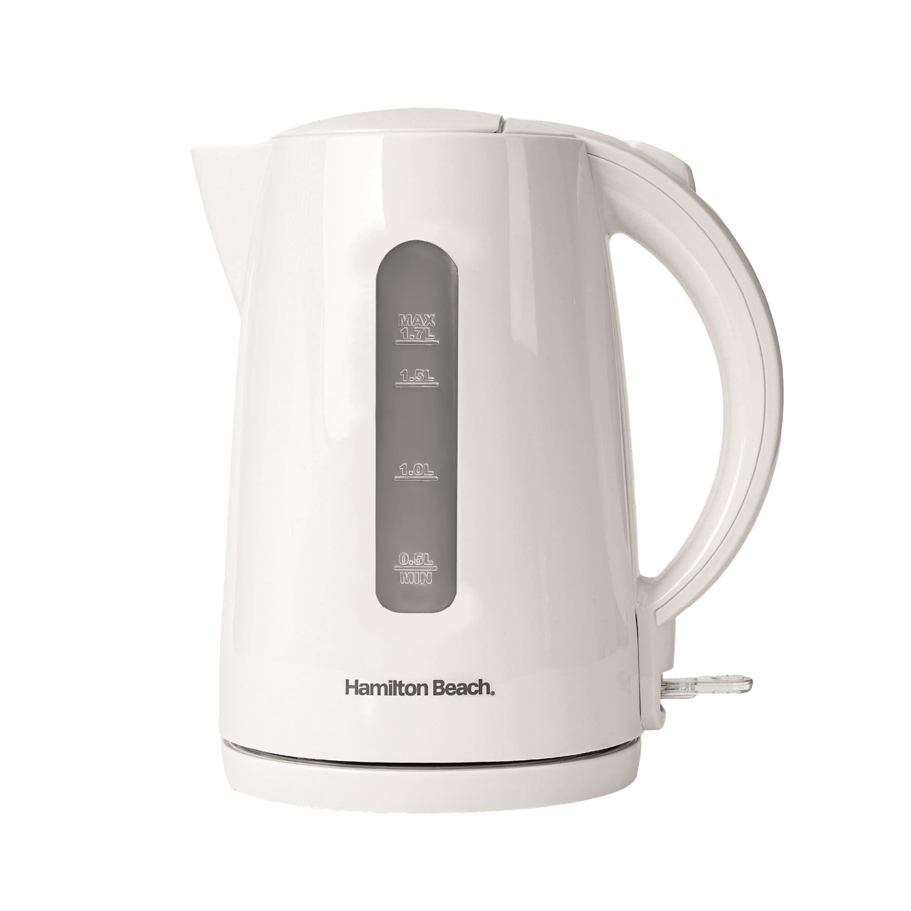 Hamilton Beach Electric Kettle, Essentials, 1.7L Rapid Boil, 3000W, Water Indicator Window, Button Release Lid, Boil-Dry Protection, Illuminated Switch, Auto Shut-Off, Plastic, White - HBK1301W