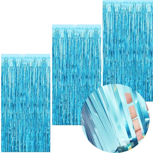 Image of 3 ft X 6 ft Metallic Light Blue Foil Curtain for Birthday Decorations /Anniversary (3 pc Light Blue Metallic Foil Fringe Curtain)