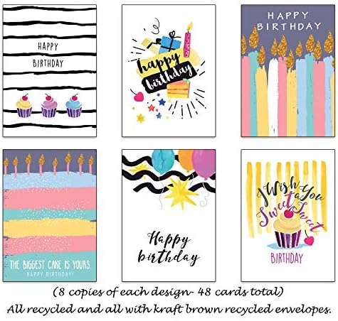 48 Eco-Friendly Birthday Cards - 6 Designs Printed on Recycled Cardboard and with Kraft Recycled Envelopes