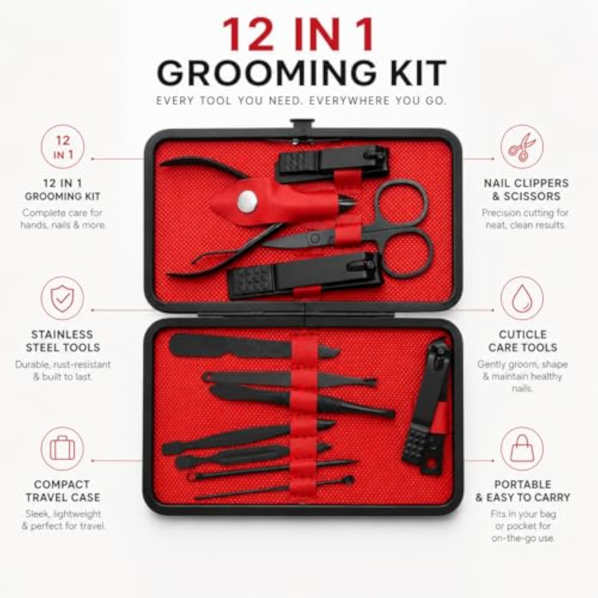 12 in 1 Manicure Pedicure Kit, Grooming Set for Men & Women
