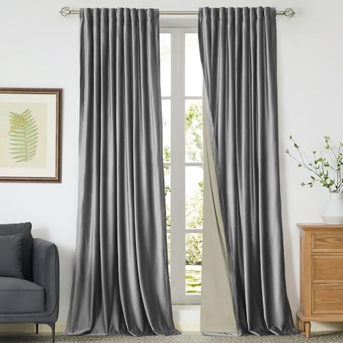 Image of 100% Blackout Grey Velvet Curtains 102 inch Long for Living Room,Elegant 2 Panel Back Tab Thermal Insulated Room Darkening Curtain with Liner Heavy Noice Reducing Soundproof Window Drapes for Bedroom