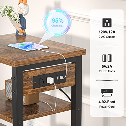 Aheaplus End Table Set Of 2 With Charging Station, 3 Tier Slim Side Table With Storage Shelf, Narrow Bedside Nightstand With Usb Ports & Outlets, Sofa Side Table For Bedroom, Living Room, Rustic Brown #TOP3