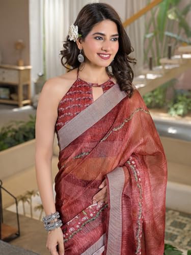 Image of Satrani Women's Linen Printed & Embroidery Ready To Wear Saree with Unstitched Blouse Piece