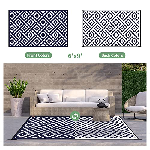 Image of GENIMO Outdoor Rug, Waterproof Plastic Rugs for Patio, 6'x9' Blue White