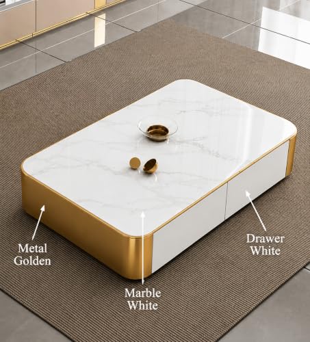 Image of WOODEN SPACE Jaguar Modern Marble Top Coffee Table with Storage | 47.24 Inch Rectangular Centre Table for Living Room | High Gloss Finish (Golden White)