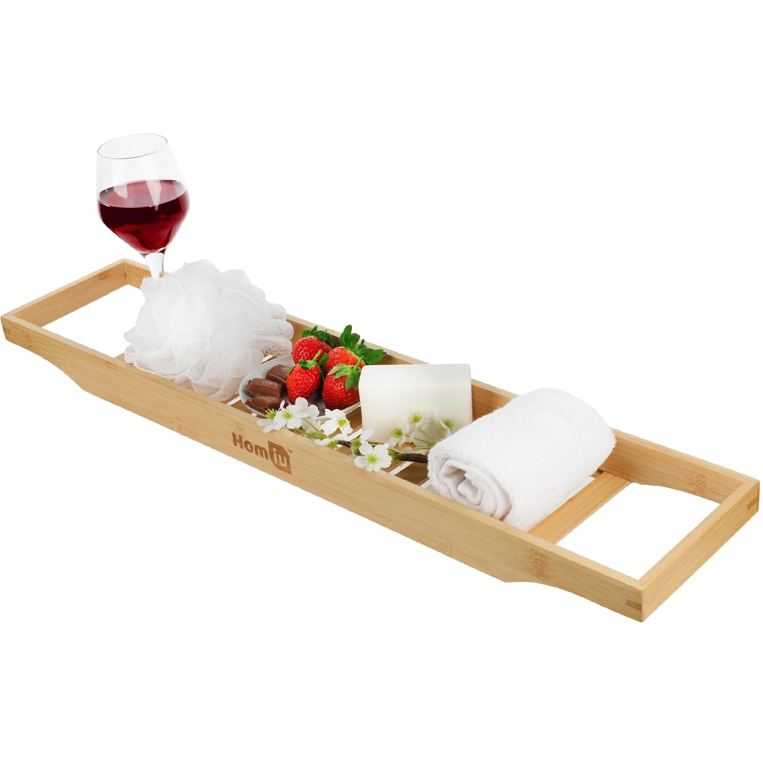 Homiu Natural Bamboo Bath Caddy Tray | Bath Shelf Over Bath Home Spa Bath Caddy | Bath Rack Holder Books Wine Glass Candle Slatted Shelf | Bathroom Accessories Storage Organiser | Wood Bath Table