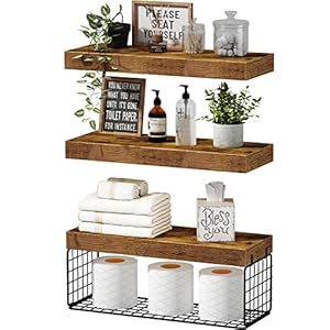 QEEIG Bathroom Shelves Over Toilet Wall Mounted Floating Shelves Farmhouse Shelf Toilet Paper Holder Small 16 inch Set of 3, Rustic Brown (019-BN3)