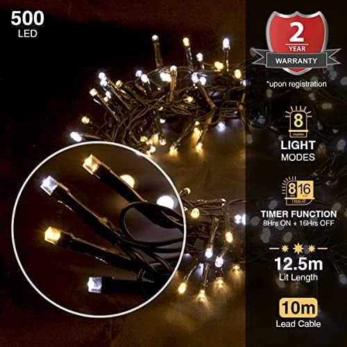 ANSIO® Christmas Lights 500 LED 12.5m/41ft Cluster Compact Christmas Tree Lights for Indoor & Outdoor Warm & Cool White Decorations Fairy Lights with Timer for Xmas Garden & Party