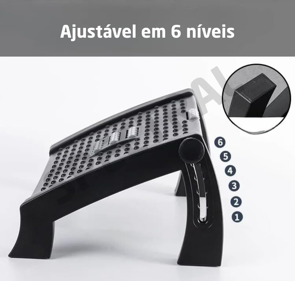 Apoio para Pés Ergonômico Ajustável 6 Alturas com Rolos de Massagem – Banquinho para Debaixo da Mesa, Escritório, Casa ou Banheiro – Antiderrapante e Resistente – Preto
