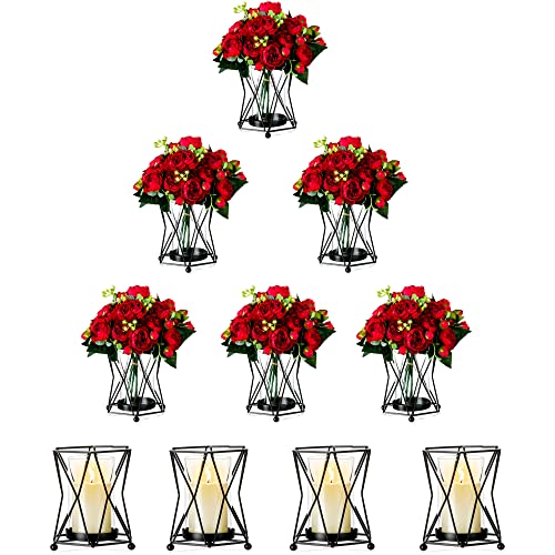 Nuptio Pillar Candle Holder Black Decor 10 Pcs Hurricane Candle Holders Geometric Glass Vase For Flowers, Modern Candle Stand For Home Decor Halloween Easter Diwali Mantel Cafe Office Birthday #TOP4