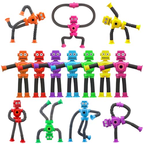 14PCS Transformable Fidget Spinner Robots - Suction Cup Pop Tube Sensory Toys, Basket Stocking Stuffer Set for Kids Toddlers, Funny Robot Action Figure Bendable Fidget Toy Gift Birthday Party Favors