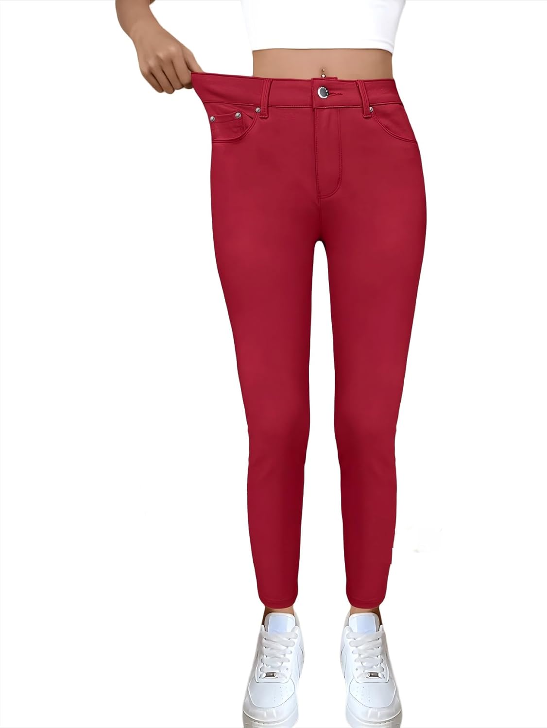 High Waist Black Skinny Jeans with Crystal Button Detail, Stretch Fit