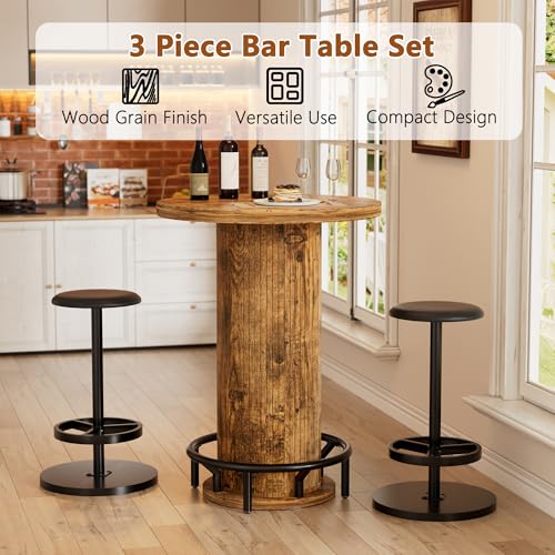 PAKASEPT Round Bar Table and Chairs Set, 37.8\'\' High Top Bistro Table with 2 Barstools,Cocktail Pub Table with Ring Footrest for Dining Coffee Cocktail Living Room, Small Bars, Rustic Brown