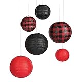 Fun Express Red Buffalo Plaid Hanging Paper Lanterns 8'-12' - Festive Party Decor for Celebrations, Gatherings, & Seasonal Events - 6 Pieces