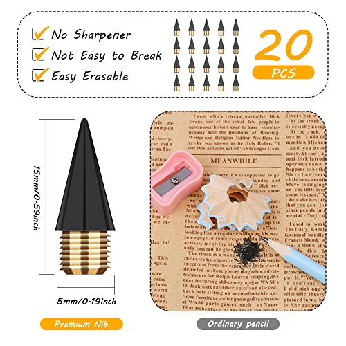 Image of AUAUY 20PCS Inkless Pencil Replaceable Refill, Infinite Pencil Replaceable Graphite Nib, Graphite Nib Metal Inkless, Everlasting Pencils Replacement Head for Writing Drawing Office School Supplies
