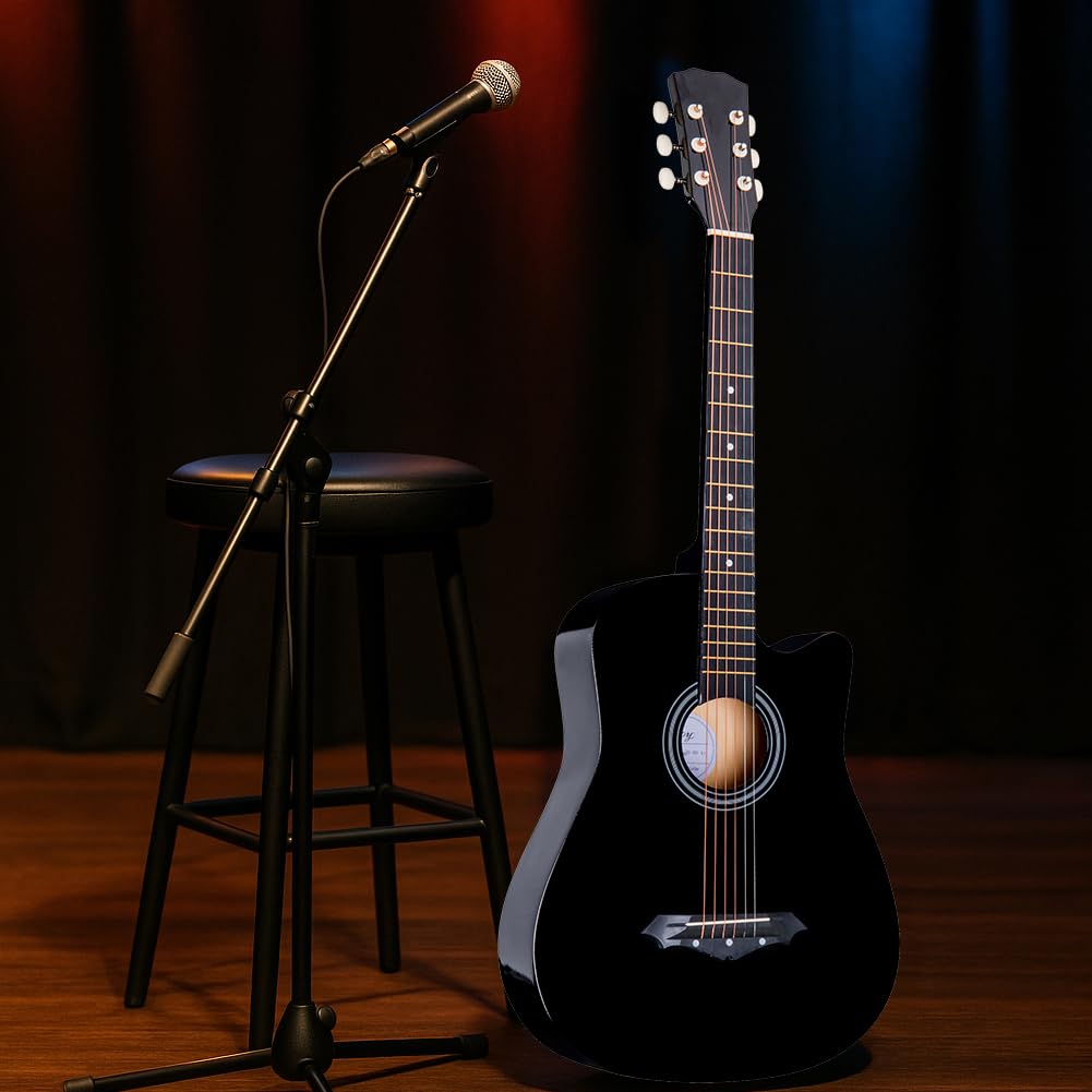 Chitarra Acustica Nera 38 Pollici Principianti Custodia Kit Ricambio Corde Plettri Tracolla Cutaway