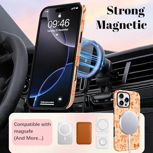 Image of Magnetic for iPhone 16 Pro Max Case for Women Men, Orange Bow | Cute Ribbon Bow Pattern Design [Compatible with MagSafe] 2-Layer Hybrid Shockproof Glossy Protective Cover