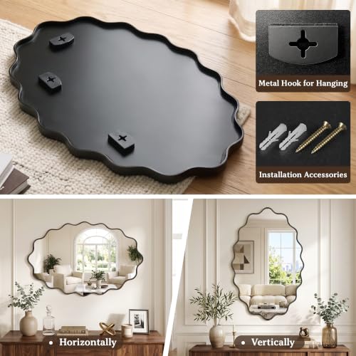 Image of Black Oval Wall Mirror, 24 inch x 36 inch Wavy Bathroom Mirror for Wall with Brushed Alloy Steel Frame&Shatter-Proof Glass, Hanging Decorative Wall Mirrors for Bathroom Sink, Bedroom, Entryway