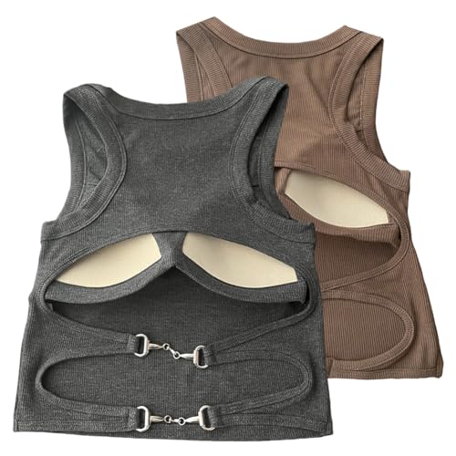2 Pcs Girls' Cotton Built-up Stretch Sports Bra Girls Tank Top Chic Strappy Backless Top with Built-in Pads Short Top Vest (Coffee+Dark Gray)2