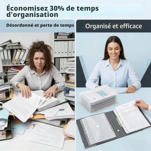 Pochette Plastique A5 Transparente, Lot de 10 Porte-Documents Classeur avec Bouton Imperméable pour Voyage Famille Bureau (23x18cm, 7 Perforée) – vue 5
