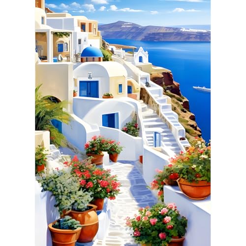 DPHERO 5D Santorin Diamond Painting Kits, DIY Fleurs Art du Diamant Painting Kit Complet, Paysage Marin Broderie Kits de Peinture sur Diamant Point de Croix Painting pour Adultes Débutants 30x40cm