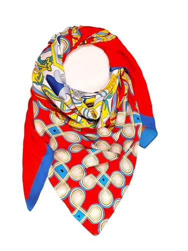 GLORIS Damen Tuch Schal Rot Blau mit auffälligem buntes Muster - Halstuch, Kopftücher, Hijab - Perfekt für Frühling Herbst und Winter - viskose 135 * 135 cm.