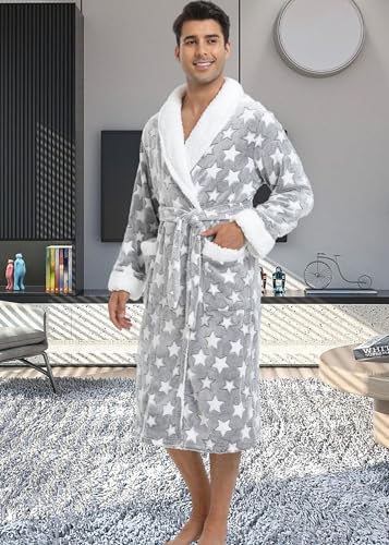 Mens Xmas Halloween Shawl Collar Flannel Bathrobe Long Spa Towel Robe Nightgown Sleepwear3