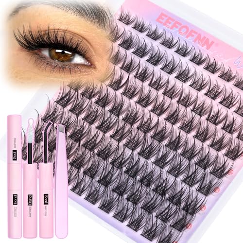 Wispy Lash Clusters Kit Natural Cluster Eyelash Extensions Kit C-Curly Eyelash Clusters Kit 8-16mm Wispy Individual Lashes Bond and Seal Tweezers Eyelash Extension Kit DIY Lash Extensions by Eefofnn