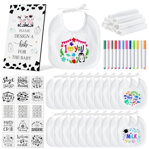 DIY Baby Bibs Decorating Kit Baby Shower Game White Baby Bibs Design Game Includes 22 Blank Bibs 15 Stencils 12 Fabric Markers 1 Baby Shower Game Sign for Boys Girls Gender Reveal Party (Cow)
