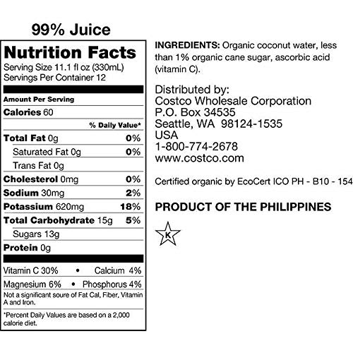 Kirkland Signature Organic Coconut Water Beverage Cartons: 12-Count (11.1 fl oz.)