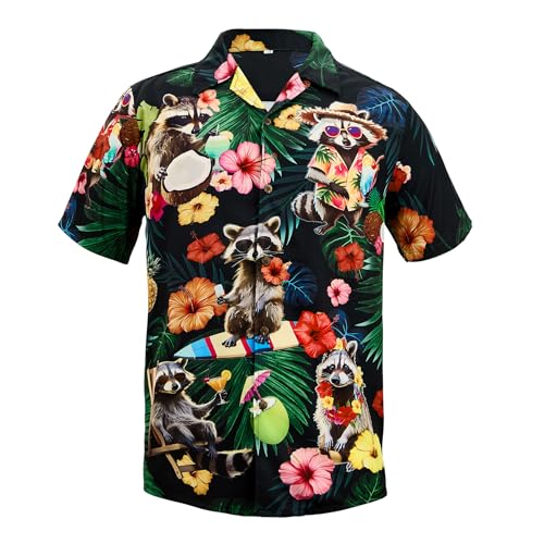 Zando Funny Hawaiian Shirt for Men Raccoon Funny Tropical Short Sleeve Button Down Aloha Outfits Top Casual Printed Summer Beach Clothes Top for Vacation Party or Holiday Large
