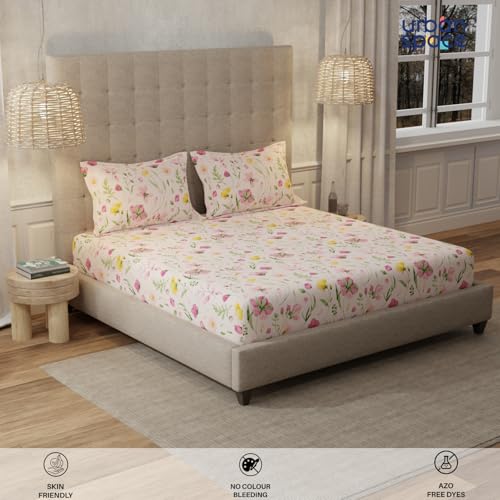 Image of Urban Space Serene 200 TC 100% Cotton Bedsheet for King Bed, Cotton King Bedsheet with 2 Pillow Covers Floral(Meadows Rose Pink, Size 108 x 108 inches)