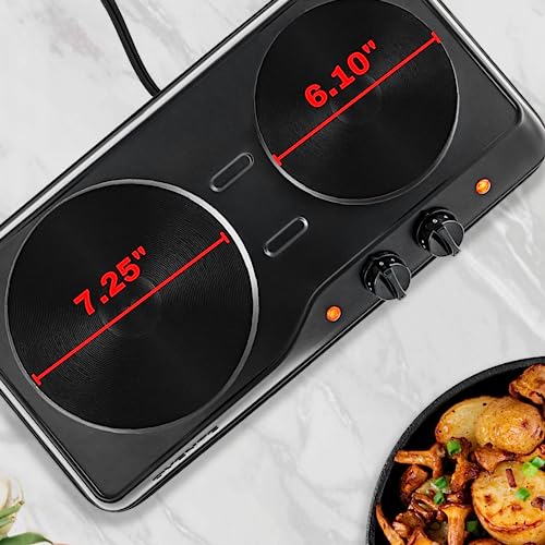 OVENTE Electric Countertop Double Burner, 1700W Cooktop with 7.25" and 6.10" Cast Iron Hot Plates, Temperature Control, Portable Cooking Stove and Easy to Clean Stainless Steel Base, Black BGS102B - Image 7