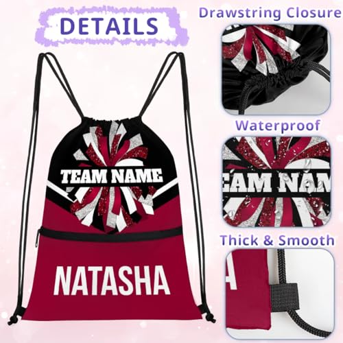 Personalized Cheerleader Drawstring Backpack Dance Bag Gymnastics Bag for Girl, Custom Sport Sackpack String Gym Bag for Cheer Team Red Black Cheer3