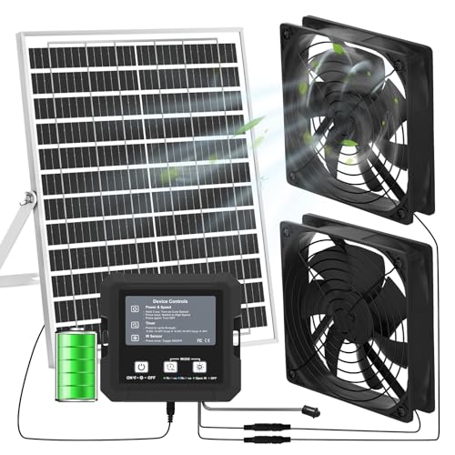 25W Solar Fan for Chicken Coop with Battery, Solar Exhaust Fan for Shed & Greenhouse, 3 Modes...
