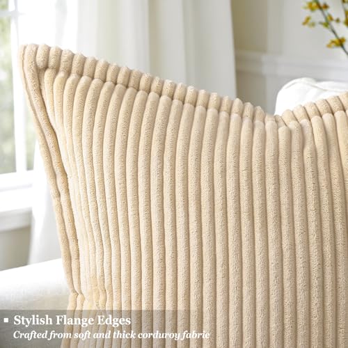 decorUhome Corduroy Beige Throw Pillow Covers 16x16 Set of 2 Decorative Soft Boho Striped Neutral Euro Farmhouse Couch Pillow Cases with Broadside for Living Room Bed Sofa