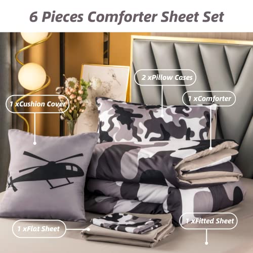 Perfemet 6 Pcs Grey Camo Comforter Bedding Set Twin Size, Camouflage Army Design Bedding Collections For Kids Boys, Soft Lightweight All-Season Bed Comforter Set (Twin,Grey) #TOP2