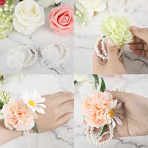 Waydress Corsage Wristlet Band Elastic Pearl Wrist Wedding Corsage Pearl Bracelet Stretch Wristband for Wedding3